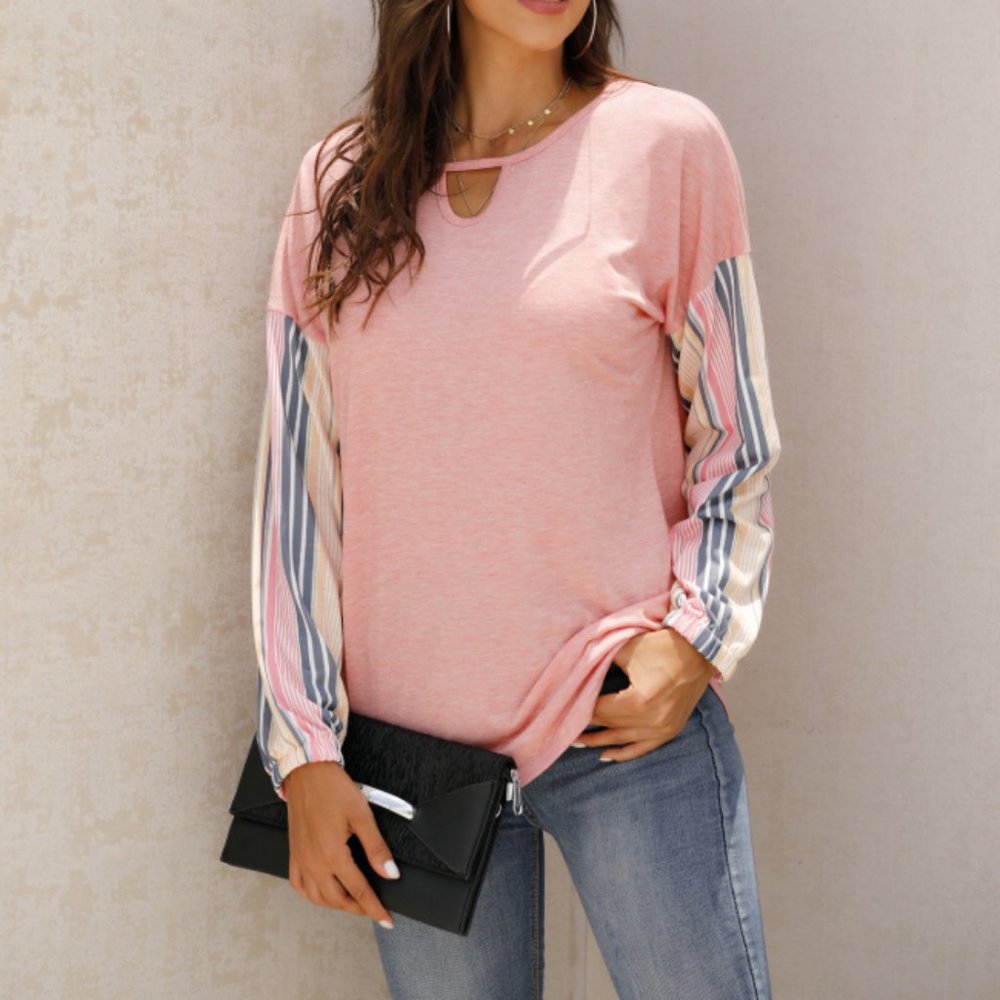Soft Pink, Striped Stitching, Long Sleeve T-Shirt